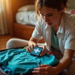 Traveler packing a compact first aid kit into an overfilled suitcase by a sunlit bedroom window, carefully deciding what to include before a trip.