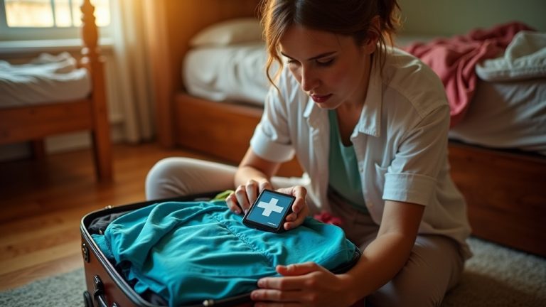 Traveler packing a compact first aid kit into an overfilled suitcase by a sunlit bedroom window, carefully deciding what to include before a trip.