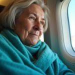 Passenger wrapped in teal scarf looking out airplane window, illuminated by soft daylight with subtle interior highlights