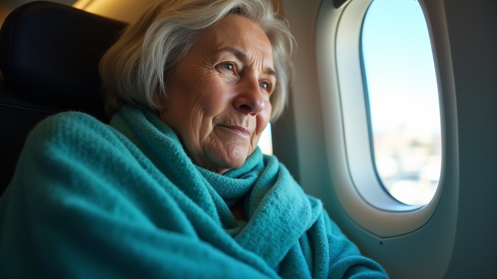 Passenger wrapped in teal scarf looking out airplane window, illuminated by soft daylight with subtle interior highlights
