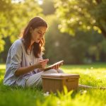 Eco-conscious traveler examining a biodegradable container in a sunlit park surrounded by greenery, highlighting careful consideration of sustainable travel gear.