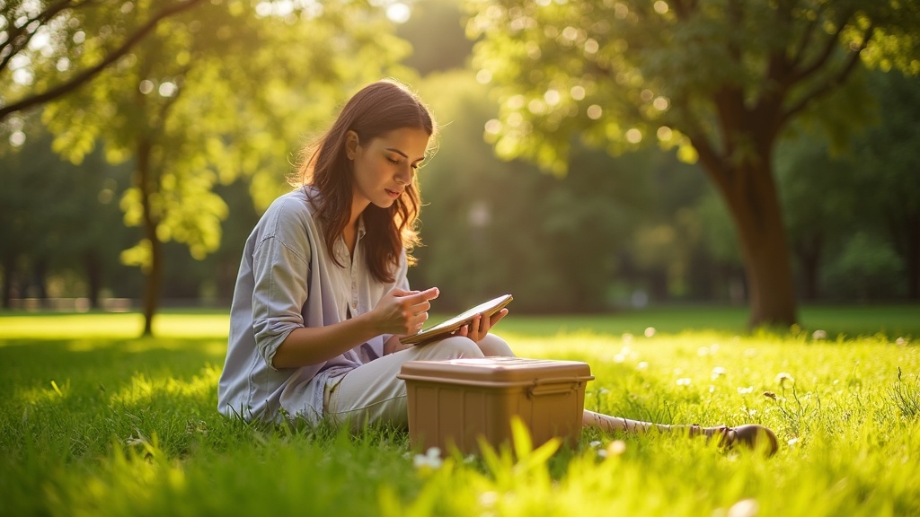 Eco-conscious traveler examining a biodegradable container in a sunlit park surrounded by greenery, highlighting careful consideration of sustainable travel gear.