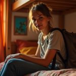 Young traveler sitting calmly on a hostel bunk bed at sunset, keeping a relaxed grip on their backpack with shared bags and lively decor in view.