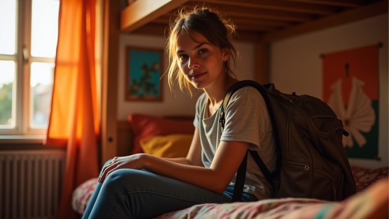 Young traveler sitting calmly on a hostel bunk bed at sunset, keeping a relaxed grip on their backpack with shared bags and lively decor in view.