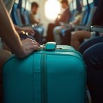 Traveler sliding a teal bag under an airplane seat with daylight streaming in, showing limited cabin space and a look of relief