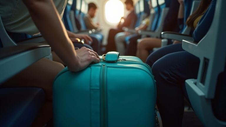 Traveler sliding a teal bag under an airplane seat with daylight streaming in, showing limited cabin space and a look of relief
