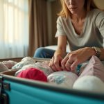 Traveler organizing toiletries in a suitcase on a hotel bed, with some items wrapped in plastic and others tucked into socks, highlighted by warm afternoon light.