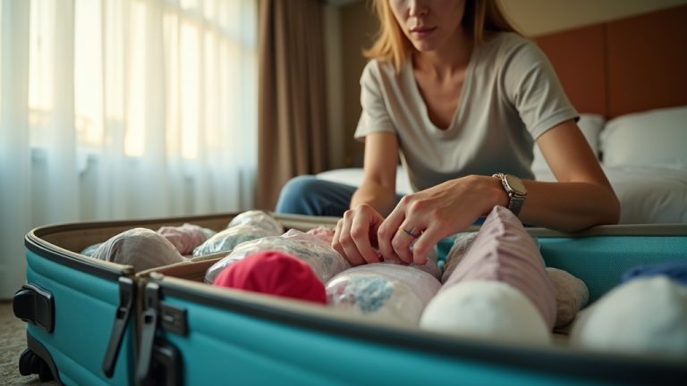 Traveler organizing toiletries in a suitcase on a hotel bed, with some items wrapped in plastic and others tucked into socks, highlighted by warm afternoon light.