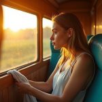 Traveler using a reusable cloth for hygiene by a sunlit train window with eco-friendly toiletries and travel essentials nearby