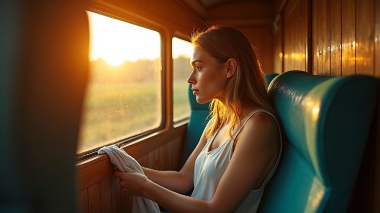 Traveler using a reusable cloth for hygiene by a sunlit train window with eco-friendly toiletries and travel essentials nearby