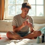 Young traveler examining a toiletry bottle on a bed, surrounded by open bags and travel essentials in a warmly lit, lived-in bedroom.