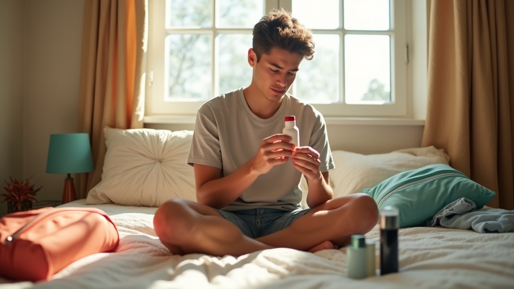 Young traveler examining a toiletry bottle on a bed, surrounded by open bags and travel essentials in a warmly lit, lived-in bedroom.