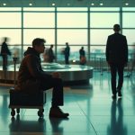 A traveler waits anxiously by an empty luggage cart near a carousel, surrounded by blurred passersby in a sunlit airport terminal.
