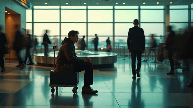 A traveler waits anxiously by an empty luggage cart near a carousel, surrounded by blurred passersby in a sunlit airport terminal.