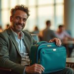 A traveler in a busy airport lounge discovers a hidden compartment in their carry-on bag, with warm natural light highlighting their surprised expression and the textured details of the bag.