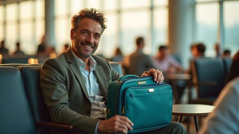 A traveler in a busy airport lounge discovers a hidden compartment in their carry-on bag, with warm natural light highlighting their surprised expression and the textured details of the bag.