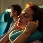 Traveler adjusting a neck pillow in an airplane seat, lit by natural window light with visible cabin details and a relaxed expression.