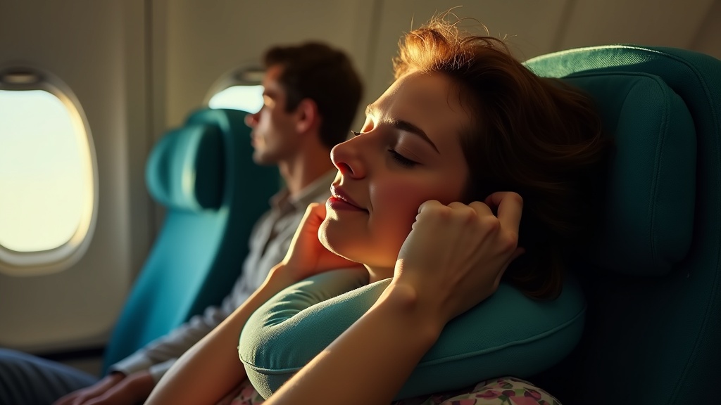 Traveler adjusting a neck pillow in an airplane seat, lit by natural window light with visible cabin details and a relaxed expression.