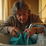 Traveler washing a teal shirt in a warmly lit hotel sink, focusing on hands and clothing amid a serene, compact bathroom setting.