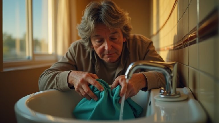 Traveler washing a teal shirt in a warmly lit hotel sink, focusing on hands and clothing amid a serene, compact bathroom setting.