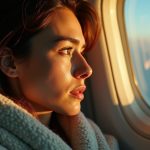 Traveler wrapped in a textured airplane blanket, gazing thoughtfully out the window with mixed natural and cabin lighting highlighting expressions of concern.
