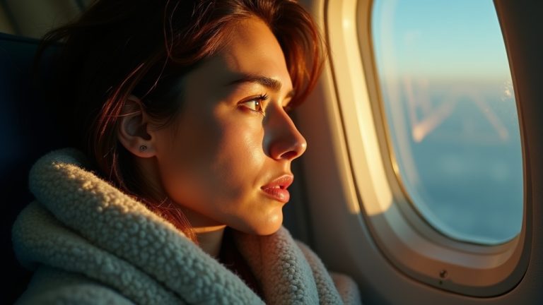 Traveler wrapped in a textured airplane blanket, gazing thoughtfully out the window with mixed natural and cabin lighting highlighting expressions of concern.