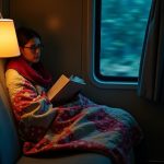 Traveler wrapped in a vibrant quilt reading under a warm lamp in a compact train compartment at night, highlighting cozy comfort on a cool journey.