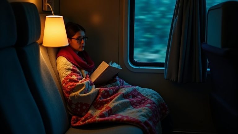 Traveler wrapped in a vibrant quilt reading under a warm lamp in a compact train compartment at night, highlighting cozy comfort on a cool journey.