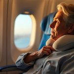 Traveler in an airplane adjusting a specialized pillow, highlighting the unique comfort needs of side sleepers mid-flight