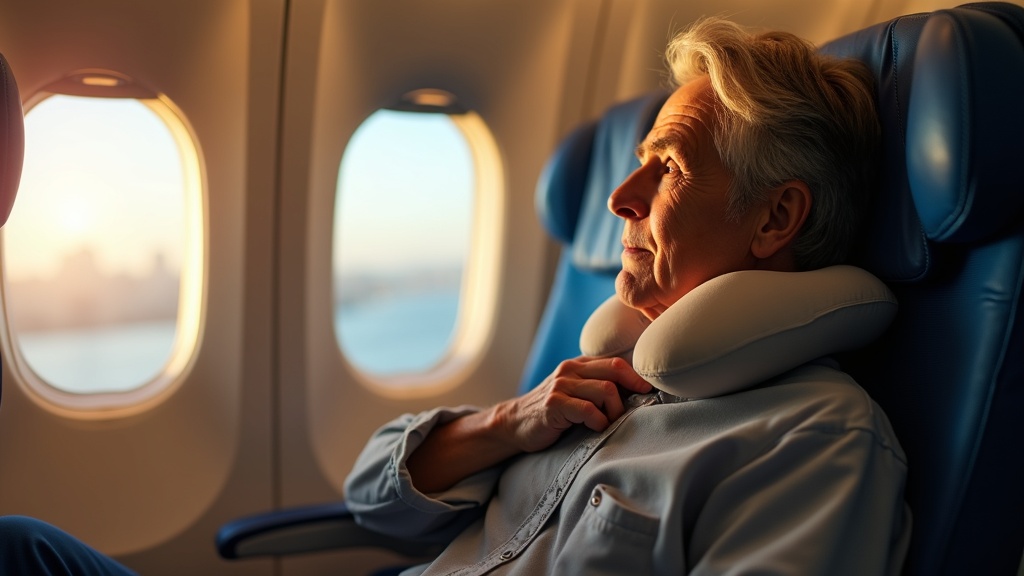 Traveler in an airplane adjusting a specialized pillow, highlighting the unique comfort needs of side sleepers mid-flight