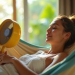 Traveler relaxing in a hammock inside a tropical hotel room, looking at a portable fan with sunlight filtering through an open window and lush greenery outside.
