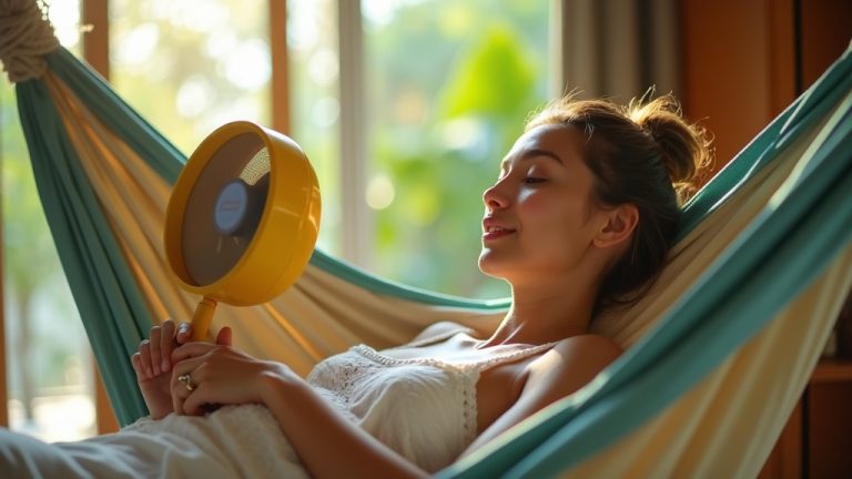 Traveler relaxing in a hammock inside a tropical hotel room, looking at a portable fan with sunlight filtering through an open window and lush greenery outside.