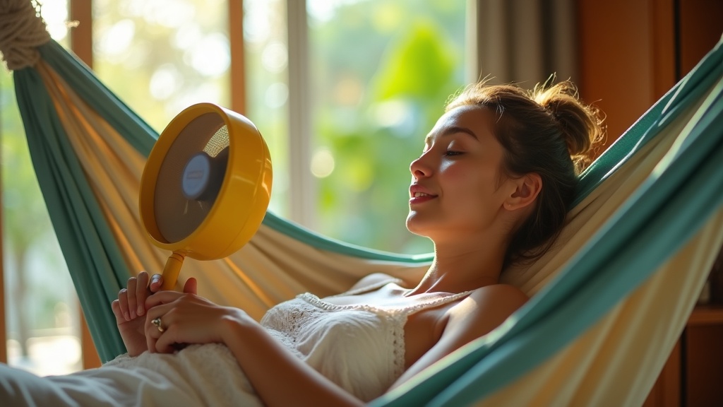 Traveler relaxing in a hammock inside a tropical hotel room, looking at a portable fan with sunlight filtering through an open window and lush greenery outside.
