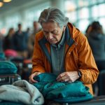 Traveler at airport security line sorting luggage with both packing cubes and compression bags visible amid a busy and chaotic scene.