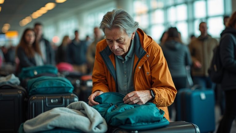 Traveler at airport security line sorting luggage with both packing cubes and compression bags visible amid a busy and chaotic scene.