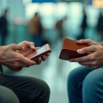 Two travelers in an airport terminal exchange a traditional passport holder for a bamboo case, highlighting real-world sustainable packing choices.