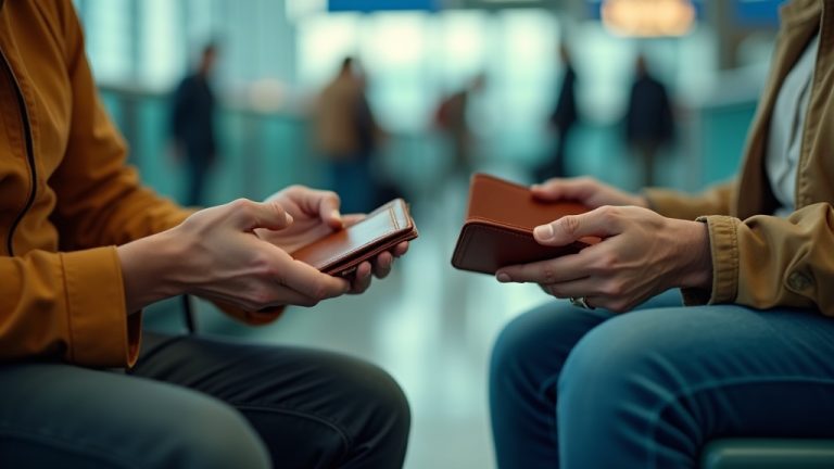 Two travelers in an airport terminal exchange a traditional passport holder for a bamboo case, highlighting real-world sustainable packing choices.
