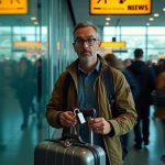 A traveler at a busy airport baggage claim examines two different locks on a suitcase handle amid a fast-moving crowd, appearing uncertain about the best security option.