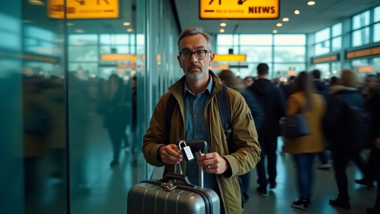 A traveler at a busy airport baggage claim examines two different locks on a suitcase handle amid a fast-moving crowd, appearing uncertain about the best security option.