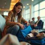 Traveler seated in an airport terminal thoughtfully deciding which essentials fit into an overstuffed personal item bag, with natural light and visible tension.