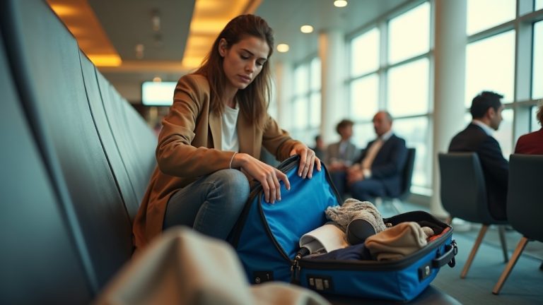 Traveler seated in an airport terminal thoughtfully deciding which essentials fit into an overstuffed personal item bag, with natural light and visible tension.