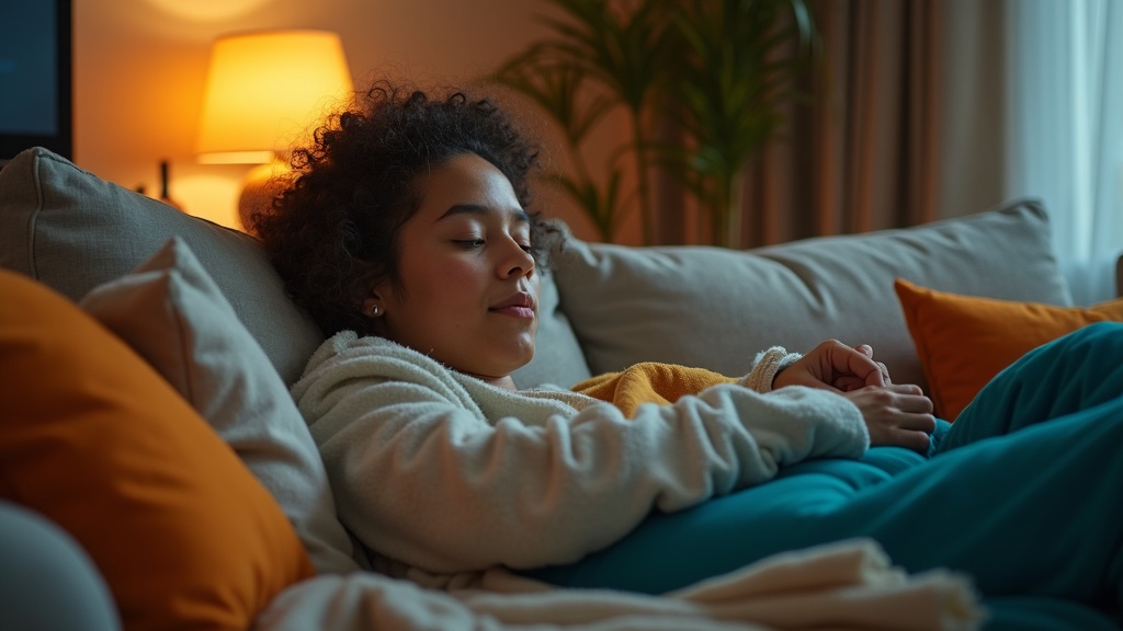 A traveler crafting a personalized airplane sleep kit on a living room couch, focused and surrounded by homemade materials in warm, inviting lighting.