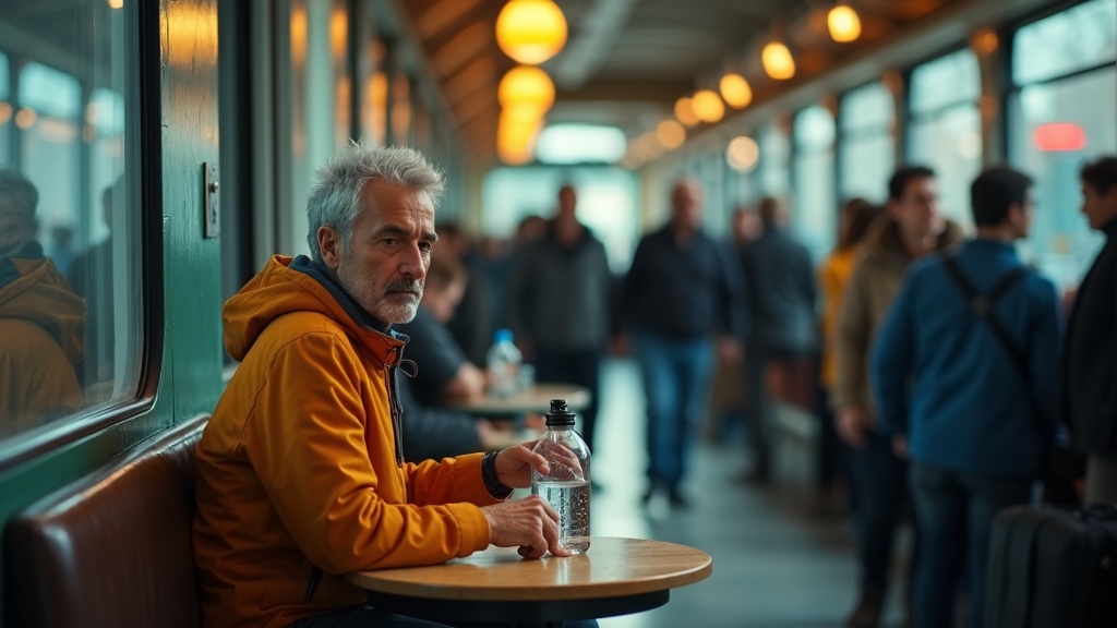 Traveler cleaning a reusable water bottle at a busy train station café with a portable wash kit amid moving commuters and warm lighting.