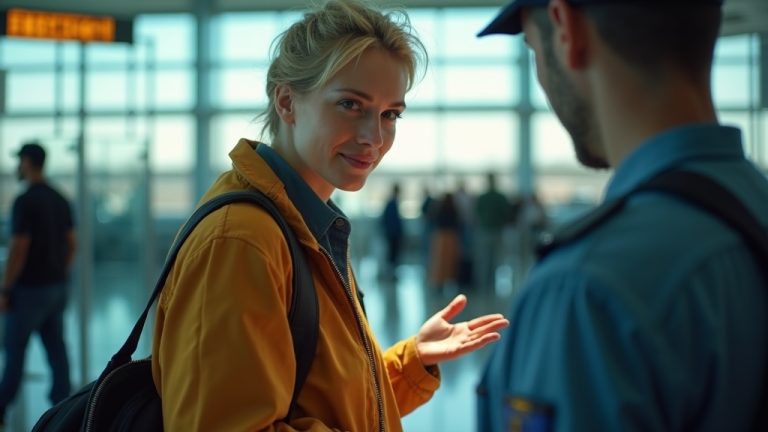Traveler interacting with a security officer at an airport checkpoint while a partially open carry-on bag is being examined amid a busy, sunlit terminal.