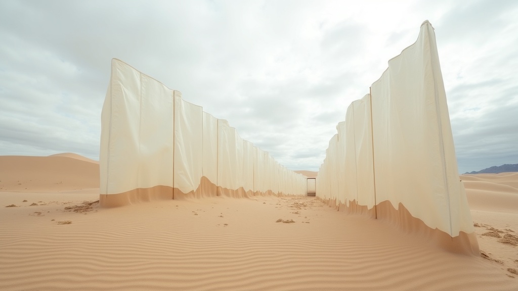 A desert landscape interrupted by translucent synthetic barriers, symbolizing the clash between natural environments and human-made waste.