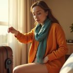 Traveler kneeling in a sunlit hotel room, pausing mid-pack between a suitcase and two clothing choices, highlighting thoughtful minimalist travel decisions.