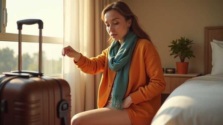Traveler kneeling in a sunlit hotel room, pausing mid-pack between a suitcase and two clothing choices, highlighting thoughtful minimalist travel decisions.