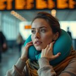 Traveler in airport lounge adjusts a teal neck pillow, appearing thoughtful and slightly uncomfortable amidst a blurred, busy terminal backdrop.