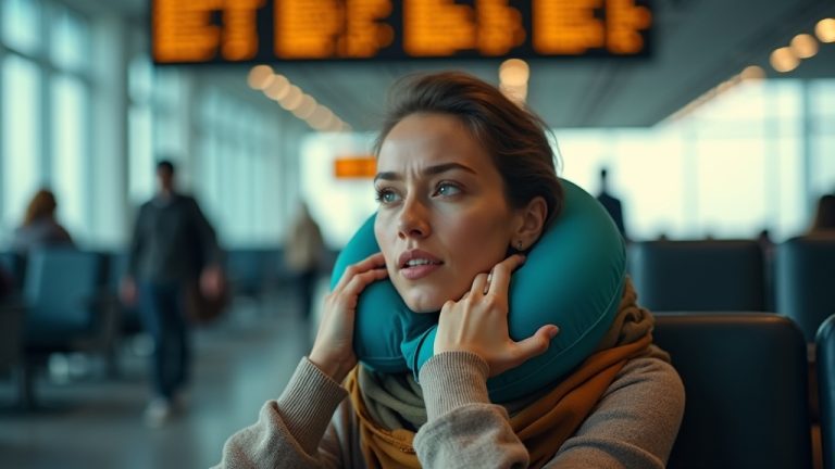 Traveler in airport lounge adjusts a teal neck pillow, appearing thoughtful and slightly uncomfortable amidst a blurred, busy terminal backdrop.