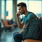 A traveler in an airport lounge considers locking their backpack, surrounded by luggage and travel gear under mixed lighting.